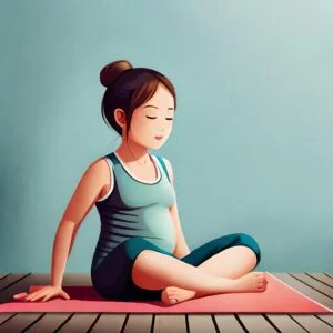 Mujer embarazada practicando yoga prenatal en una postura de estiramiento suave.