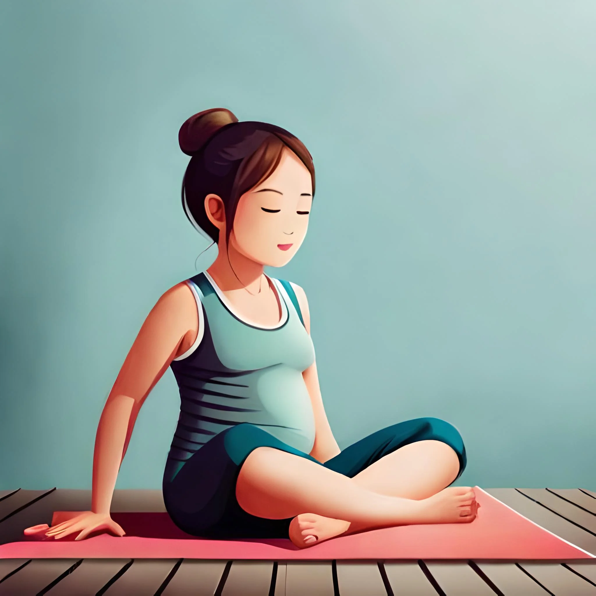 Mujer embarazada practicando yoga prenatal en una postura de estiramiento suave.